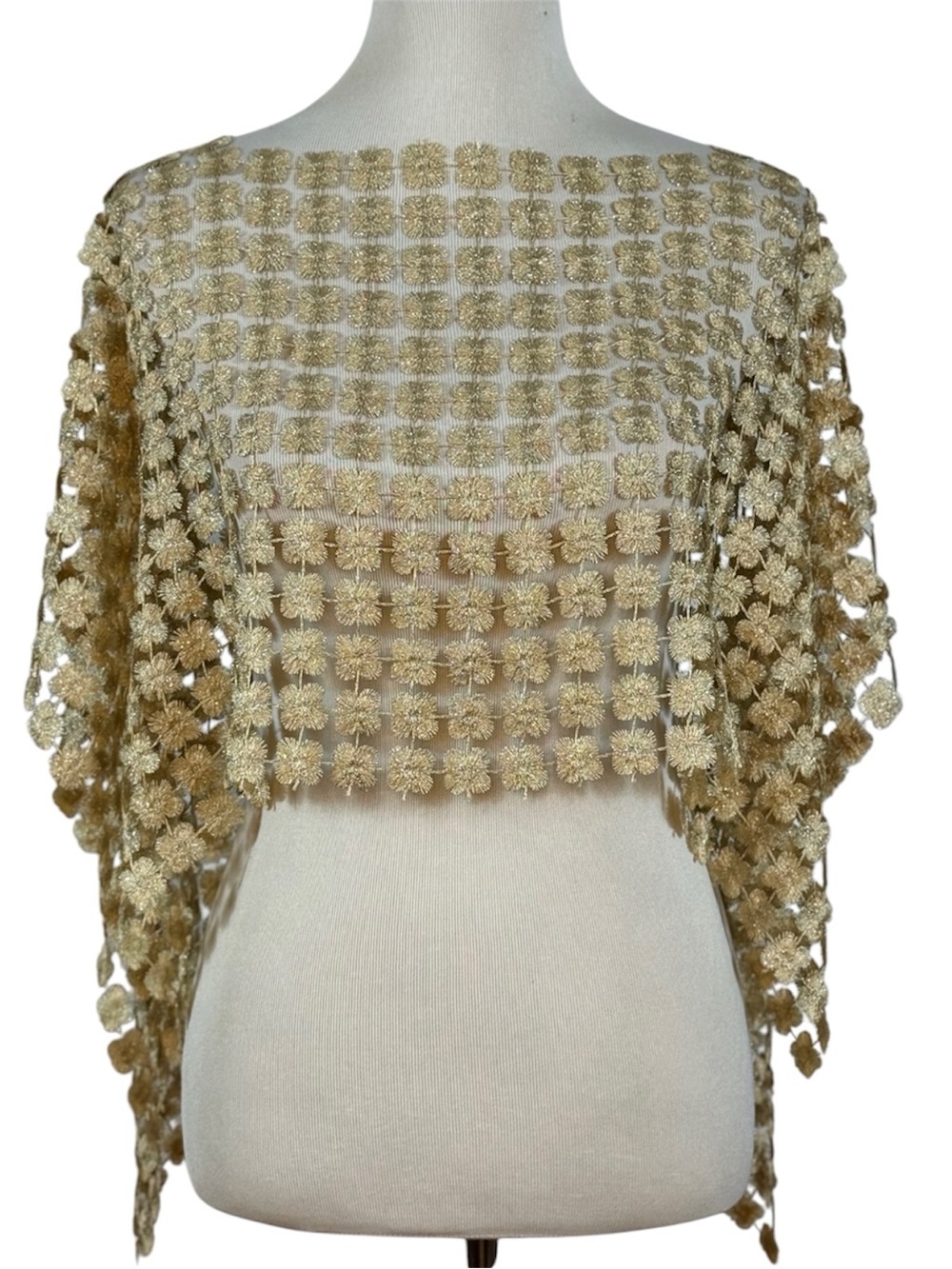 Ellyndale Gold Floral Lace Poncho S/M Sheer Embroidered Mesh Cape Top Boho